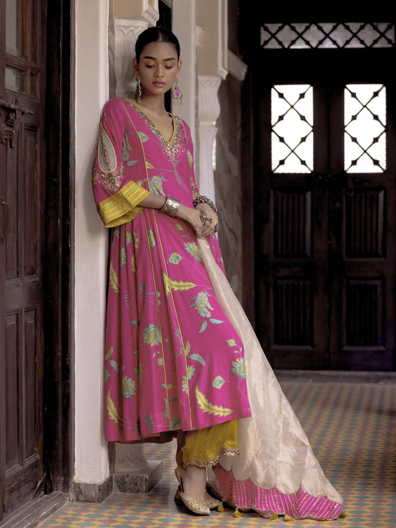 Fariba Hot Pink Printed Side Kali Kurta Set Kurta Sets by Rajiramniq for women Worldwide