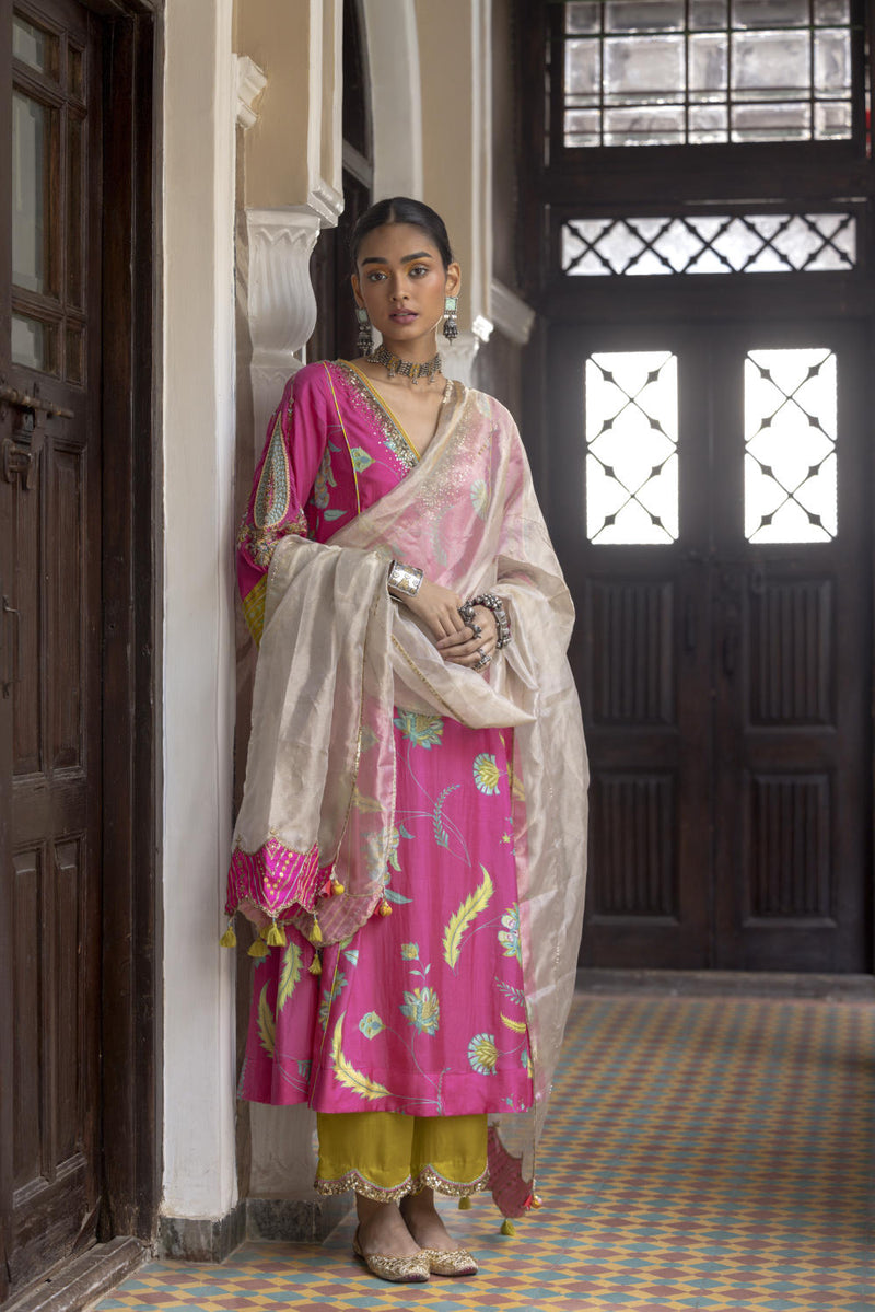 Fariba Hot Pink Printed Side Kali Kurta Set Kurta Sets by Rajiramniq for women Worldwide