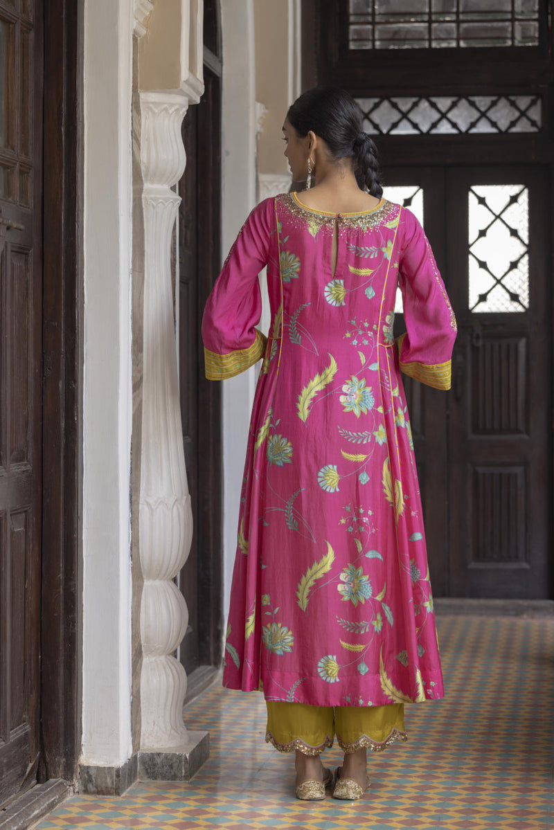 Fariba Hot Pink Printed Side Kali Kurta Set Kurta Sets by Rajiramniq for women Worldwide