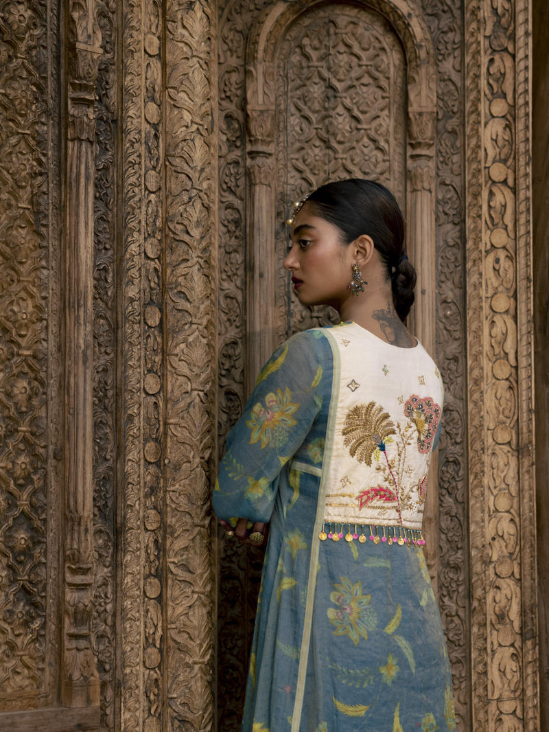 Fariba Moonlight Blue Printed Back Yoke Kurta Set Kurta Sets by Rajiramniq for women Worldwide