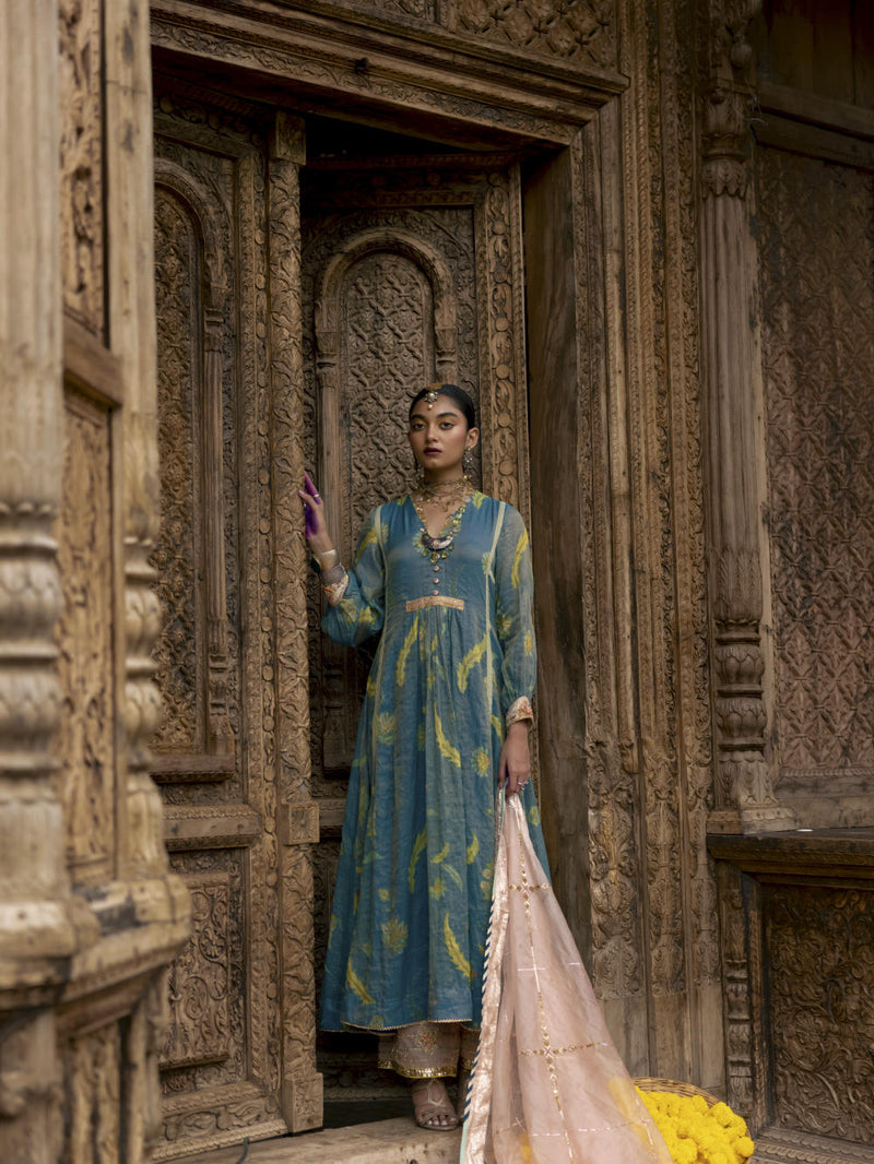 Fariba Moonlight Blue Printed Back Yoke Kurta Set Kurta Sets by Rajiramniq for women Worldwide