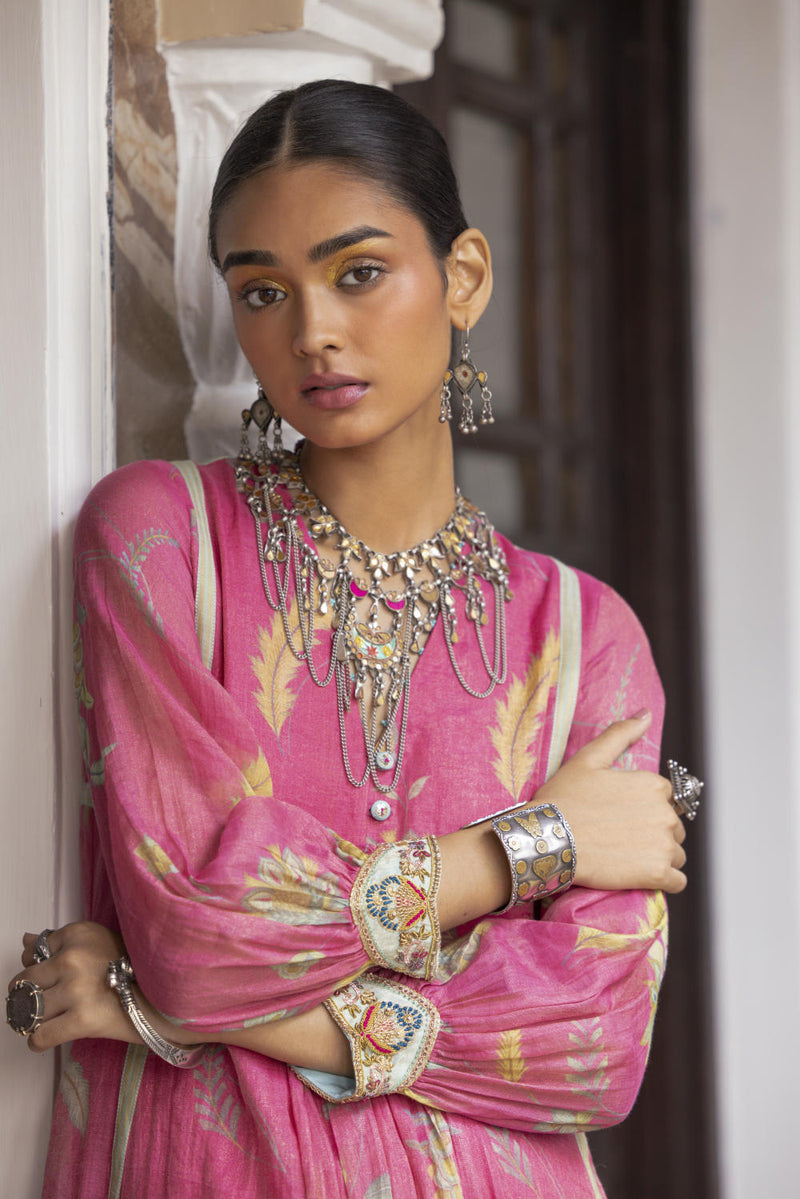 Fariba Pink Printed Back Yoke Kurta Set Kurta Sets by Rajiramniq for women Worldwide