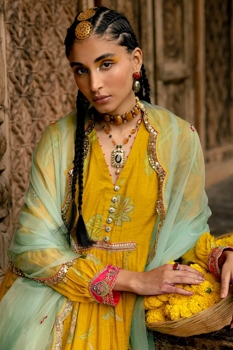 Fariba Lime Yellow Printed Back Yoke Kurta Set