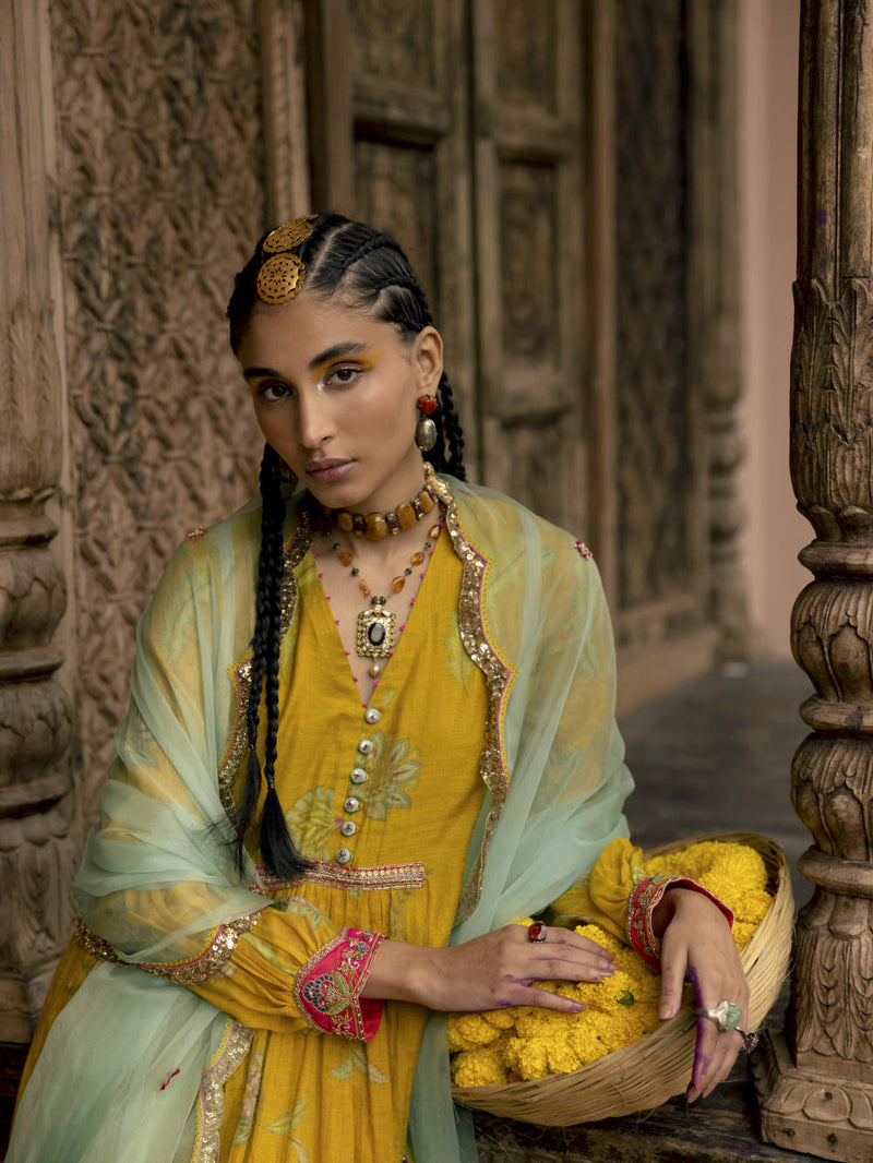Fariba Lime Yellow Printed Back Yoke Kurta Set Kurta Sets by Rajiramniq for women Worldwide