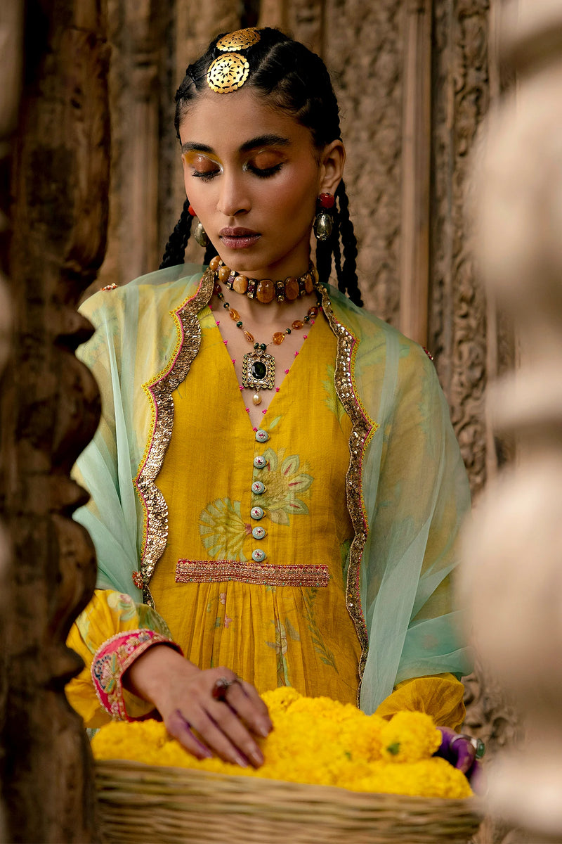 Fariba Lime Yellow Printed Back Yoke Kurta Set