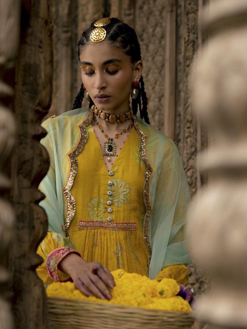 Fariba Lime Yellow Printed Back Yoke Kurta Set Kurta Sets by Rajiramniq for women Worldwide