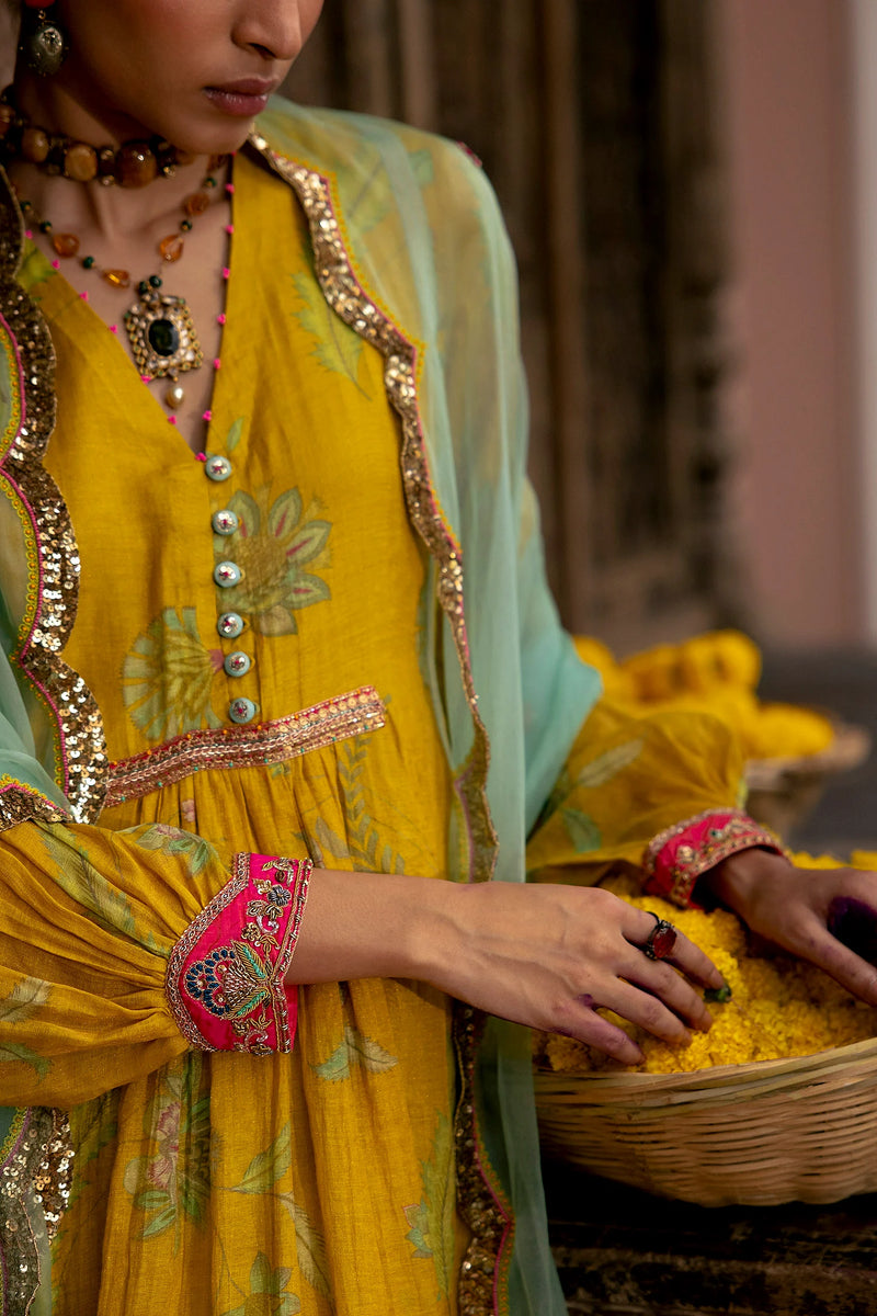 Fariba Lime Yellow Printed Back Yoke Kurta Set