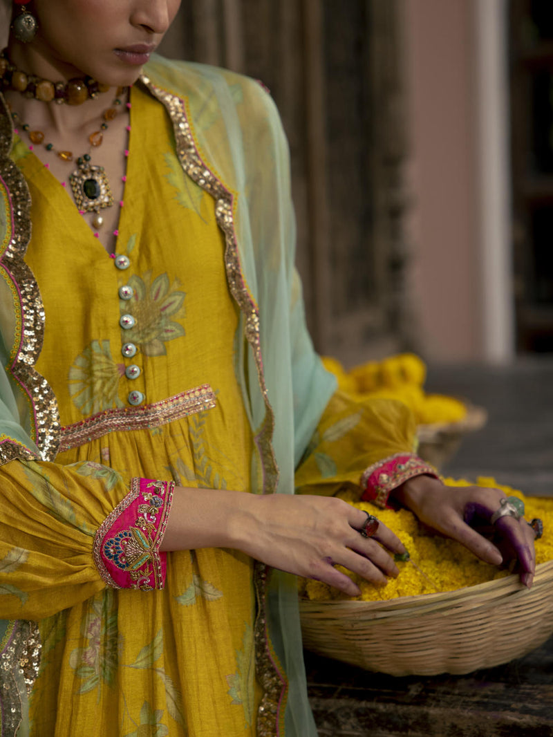 Fariba Lime Yellow Printed Back Yoke Kurta Set Kurta Sets by Rajiramniq for women Worldwide