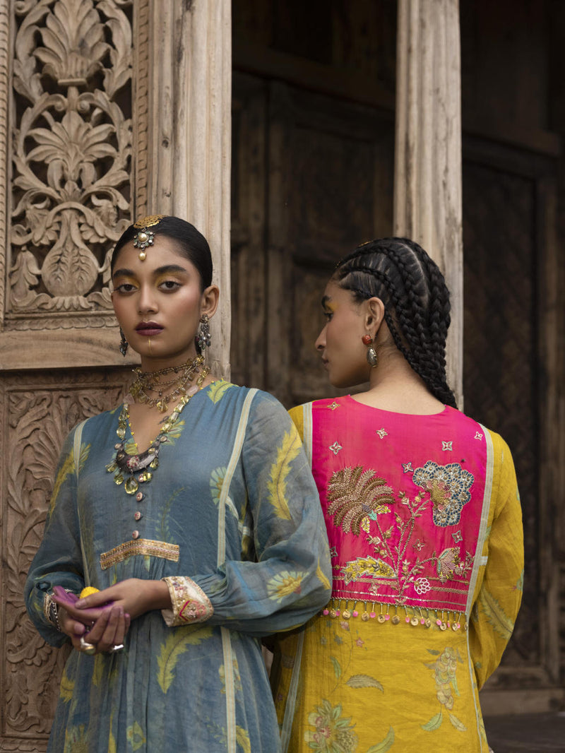 Fariba Lime Yellow Printed Back Yoke Kurta Set Kurta Sets by Rajiramniq for women Worldwide