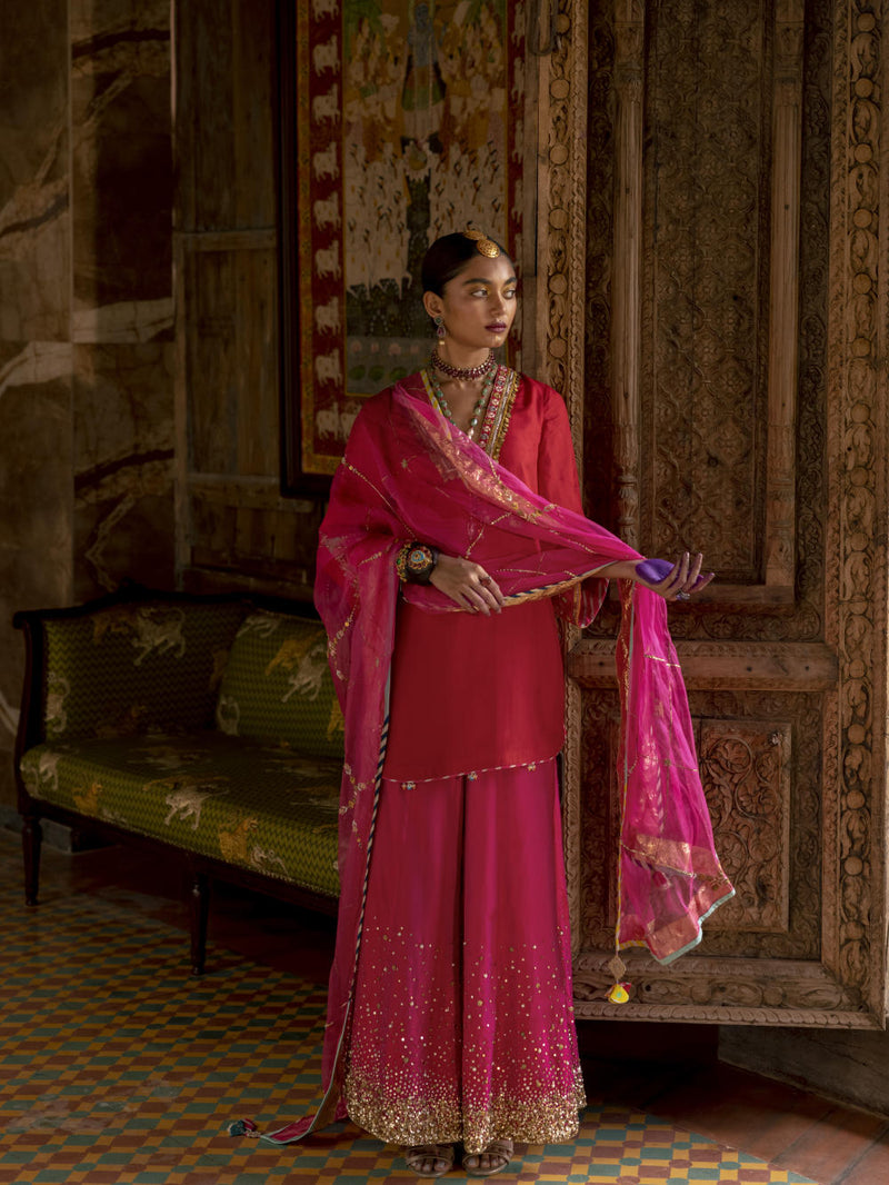 Fariba Red Magenta Silk Sharara Set Kurta Sets by Rajiramniq for women Worldwide