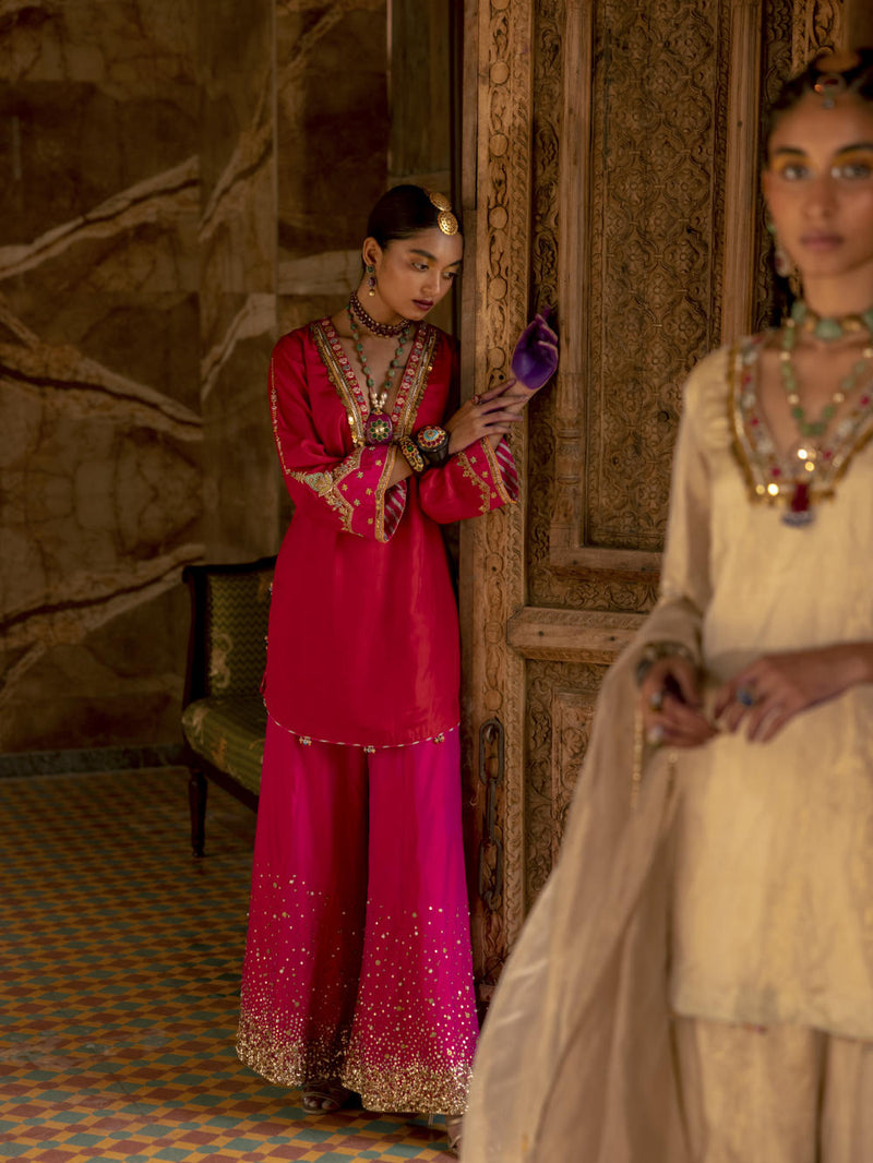 Fariba Red Magenta Silk Sharara Set Kurta Sets by Rajiramniq for women Worldwide