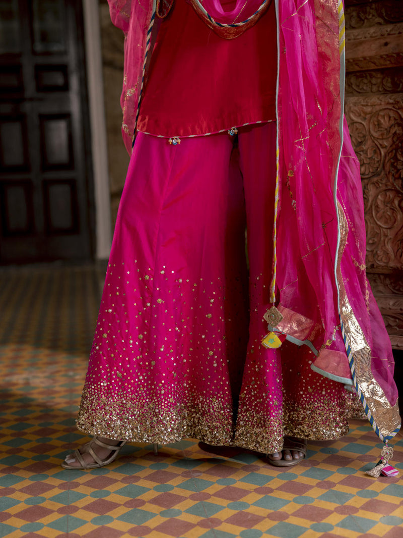 Fariba Red Magenta Silk Sharara Set Kurta Sets by Rajiramniq for women Worldwide