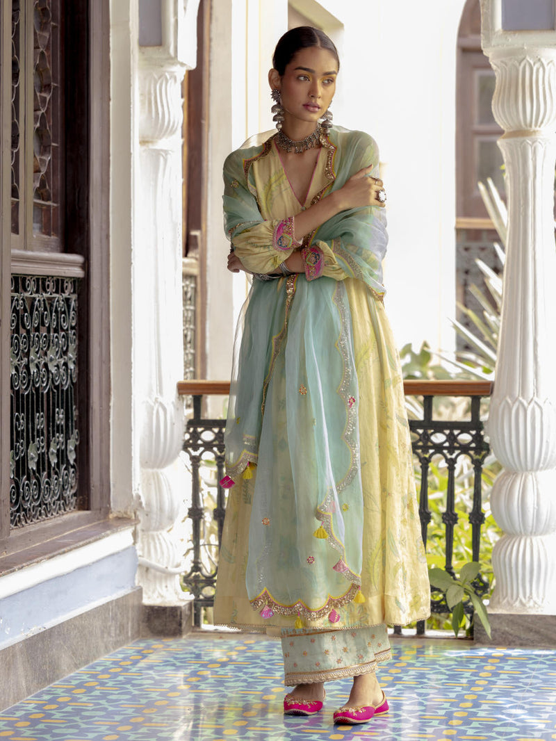 Fariba Ivory Printed Back Yoke Kurta Set Kurta Sets by Rajiramniq for women Worldwide