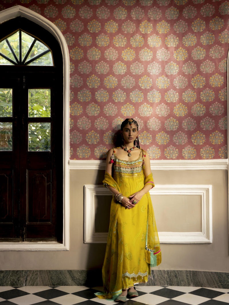 Fariba Lime Yellow Oganza Kurta Set Kurta Sets by Rajiramniq for women Worldwide