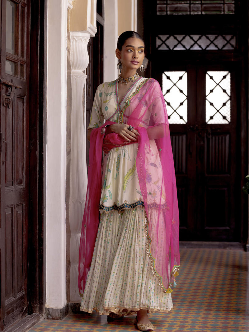 Fariba Ivory Printed Scallop Gharara Set Kurta Sets by Rajiramniq for women Worldwide