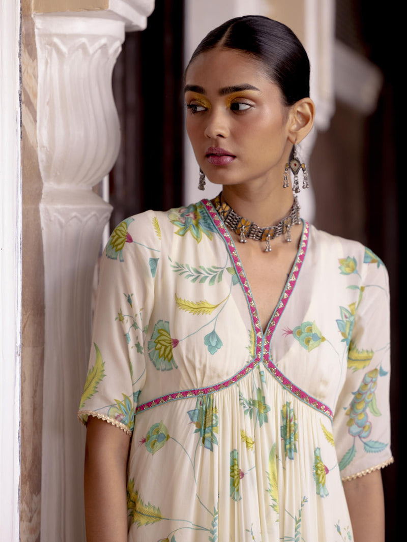 Fariba Ivory Printed Scallop Gharara Set Kurta Sets by Rajiramniq for women Worldwide