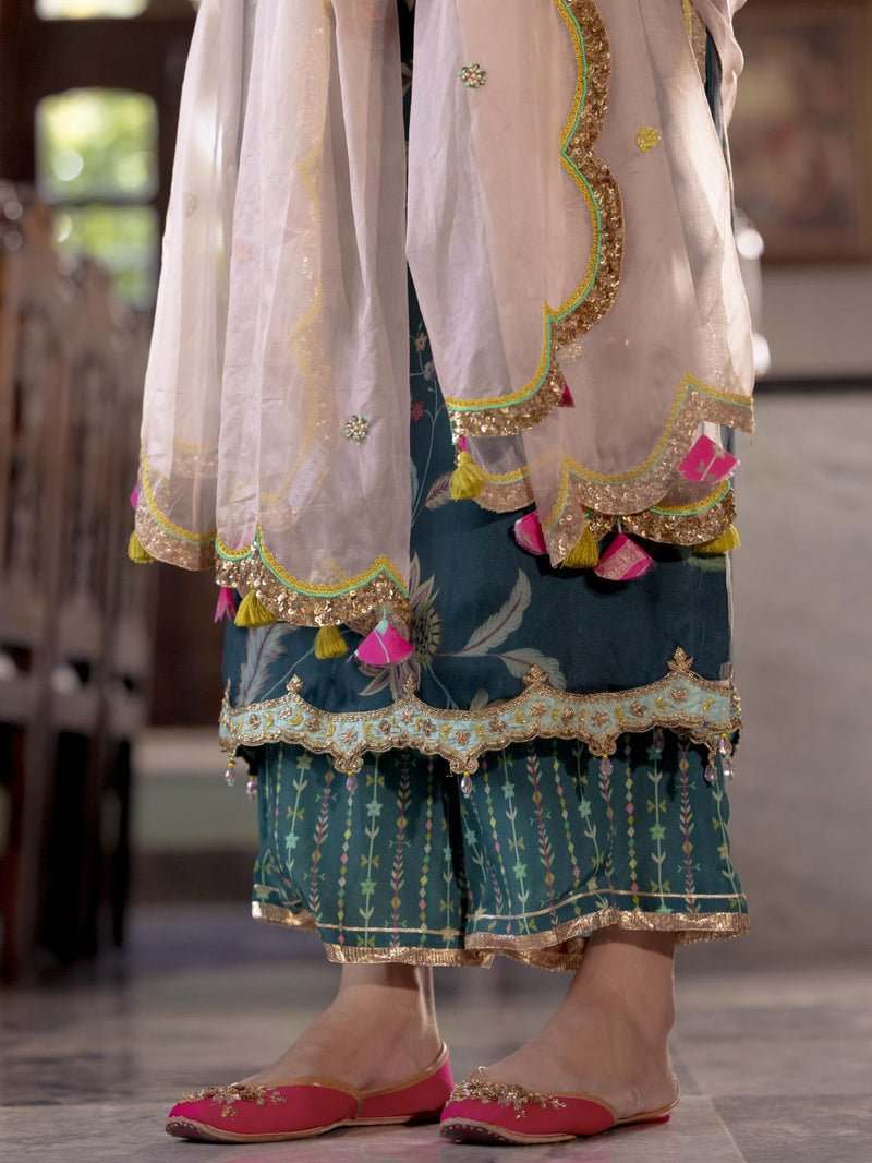 Fariba Teal Organza Kurta Set Kurta Sets by Rajiramniq for women Worldwide