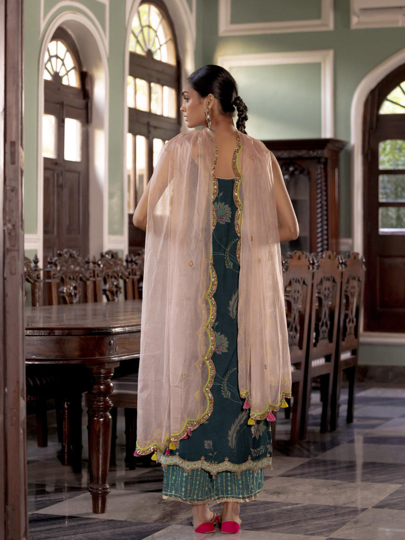 Fariba Teal Organza Kurta Set Kurta Sets by Rajiramniq for women Worldwide