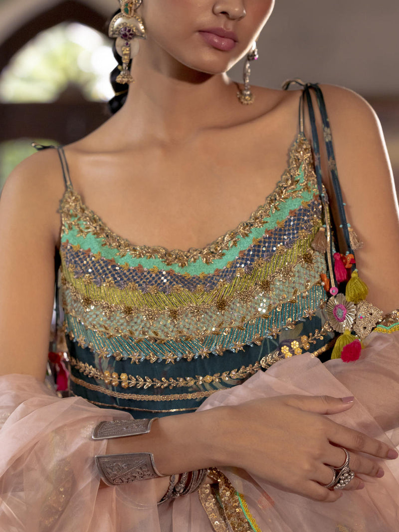 Fariba Teal Organza Kurta Set Kurta Sets by Rajiramniq for women Worldwide
