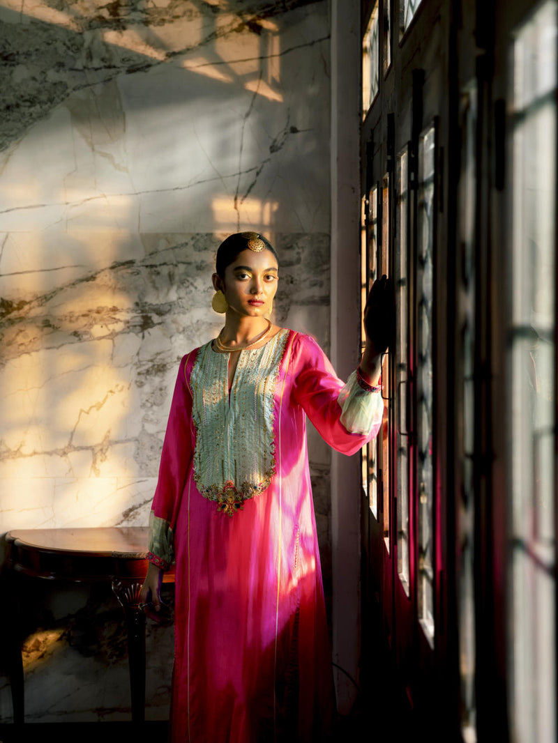 Fariba Hot Pink Silk Back Pleat Yoke Kurta Kurta Sets by Rajiramniq for women Worldwide