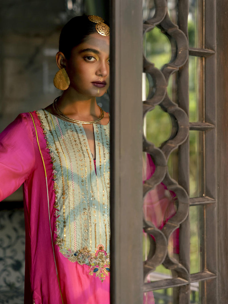 Fariba Hot Pink Silk Back Pleat Yoke Kurta Kurta Sets by Rajiramniq for women Worldwide