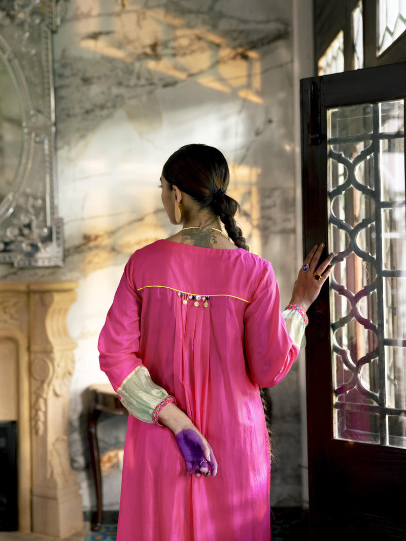 Fariba Hot Pink Silk Back Pleat Yoke Kurta Kurta Sets by Rajiramniq for women Worldwide