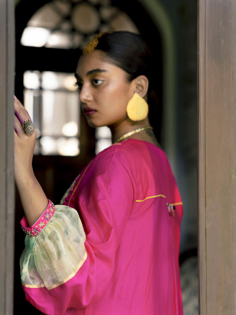 Fariba Hot Pink Silk Back Pleat Yoke Kurta Kurta Sets by Rajiramniq for women Worldwide