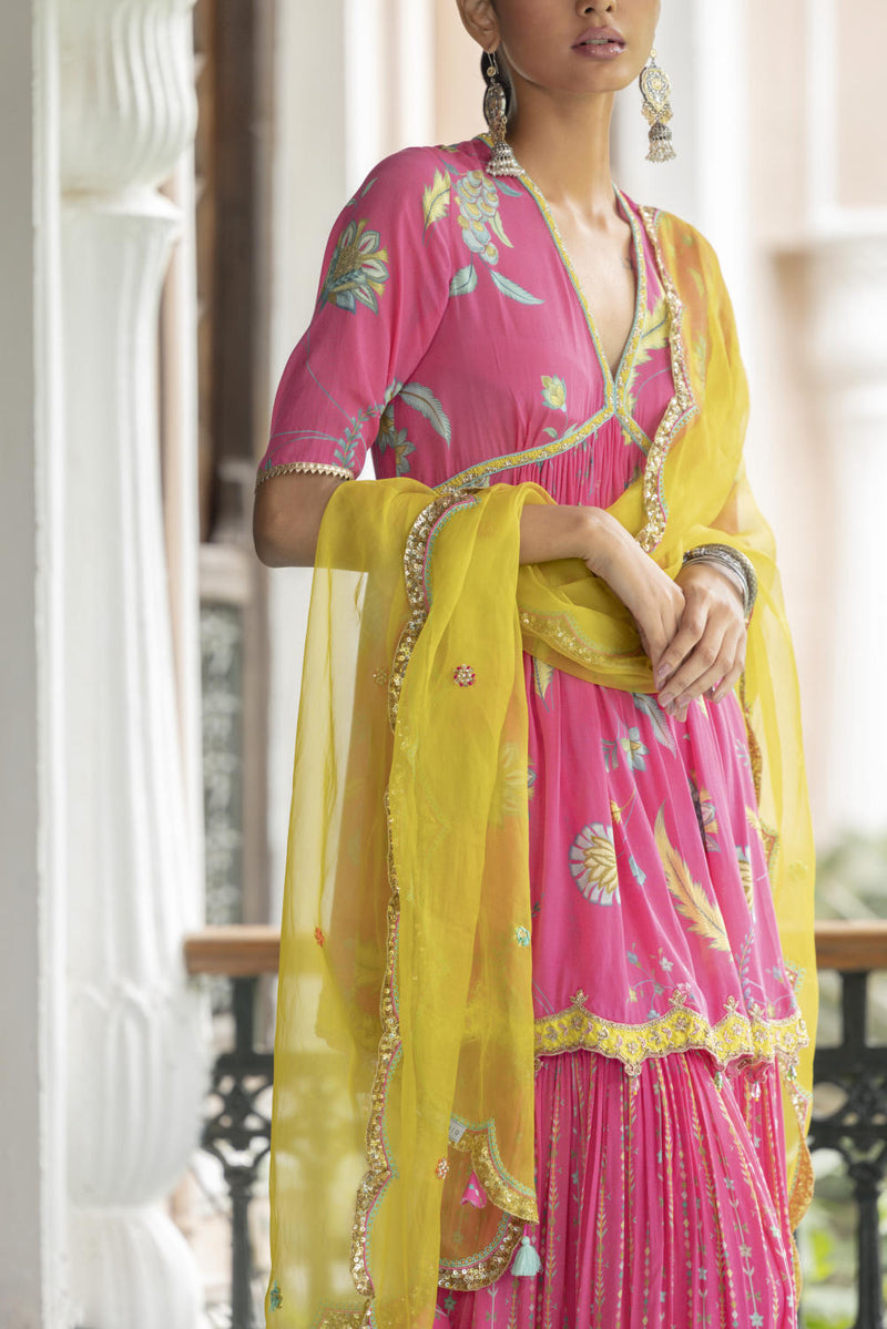 Fariba Bright Pink Printed Scallop Gharara Set Kurta Sets by Rajiramniq for women Worldwide