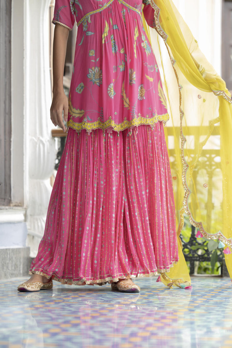 Fariba Bright Pink Printed Scallop Gharara Set Kurta Sets by Rajiramniq for women Worldwide