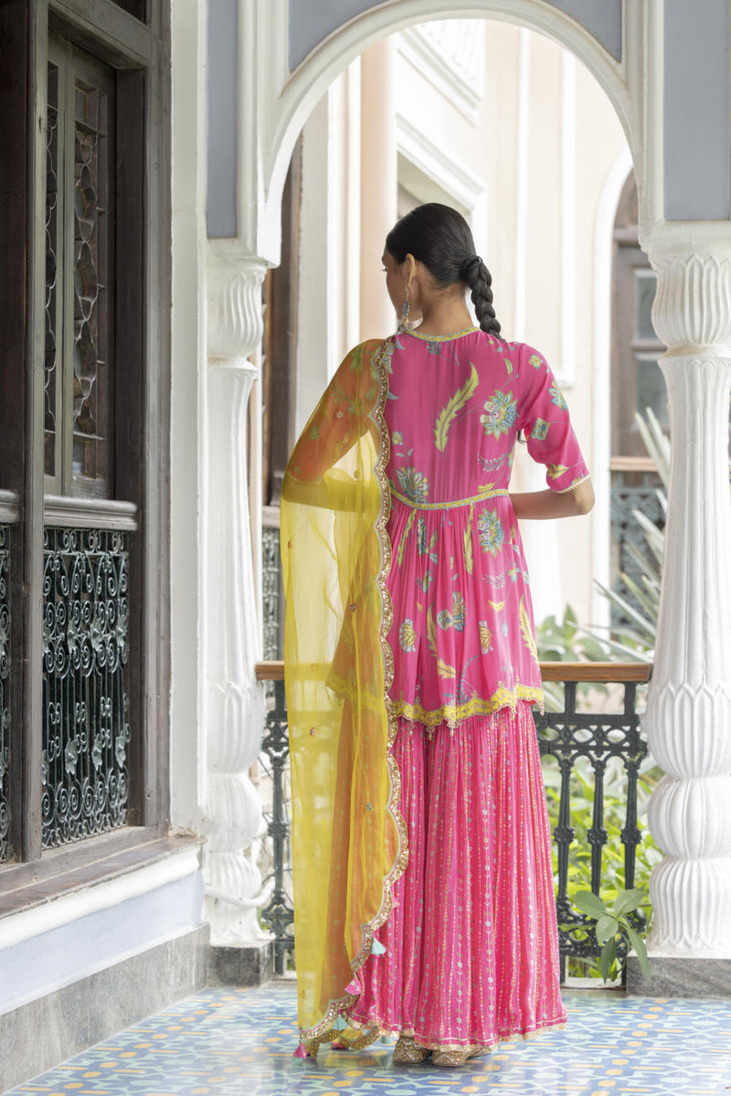 Fariba Bright Pink Printed Scallop Gharara Set Kurta Sets by Rajiramniq for women Worldwide