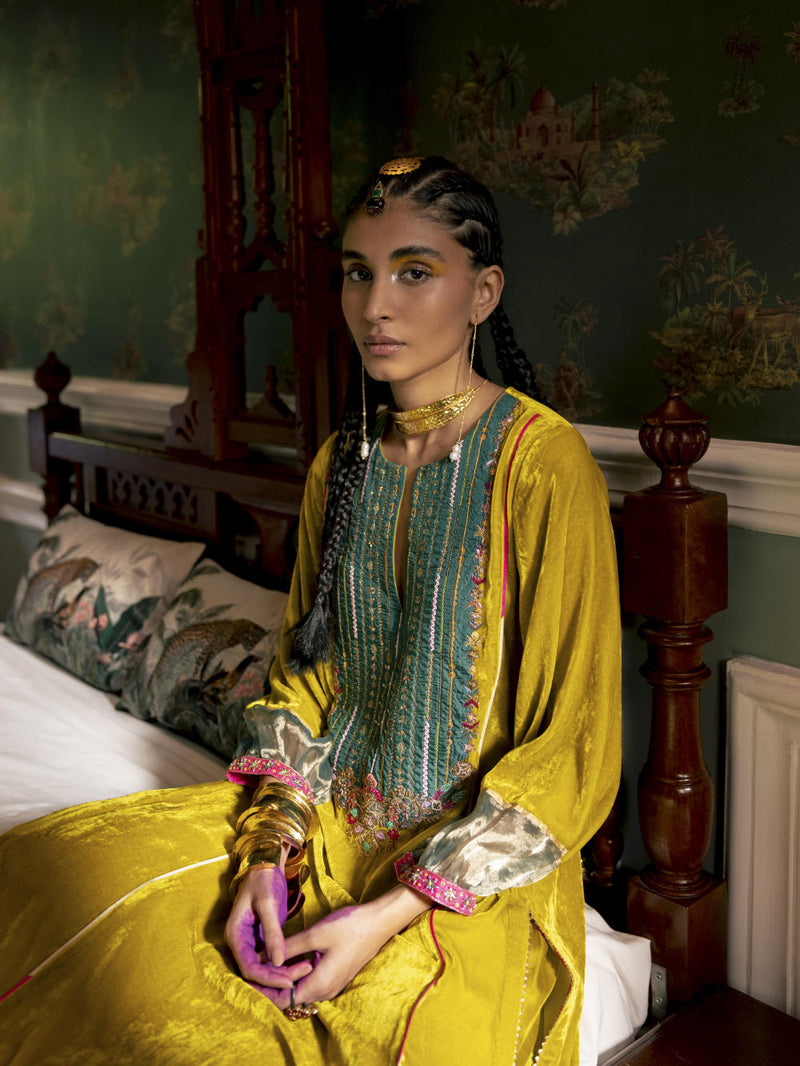 Fariba Lime Yellow Velvet Back Pleat Yoke Kurta Set Kurta Sets by Rajiramniq for women Worldwide
