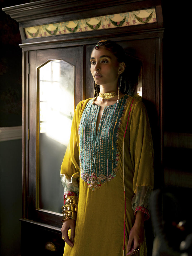 Fariba Lime Yellow Velvet Back Pleat Yoke Kurta Set Kurta Sets by Rajiramniq for women Worldwide