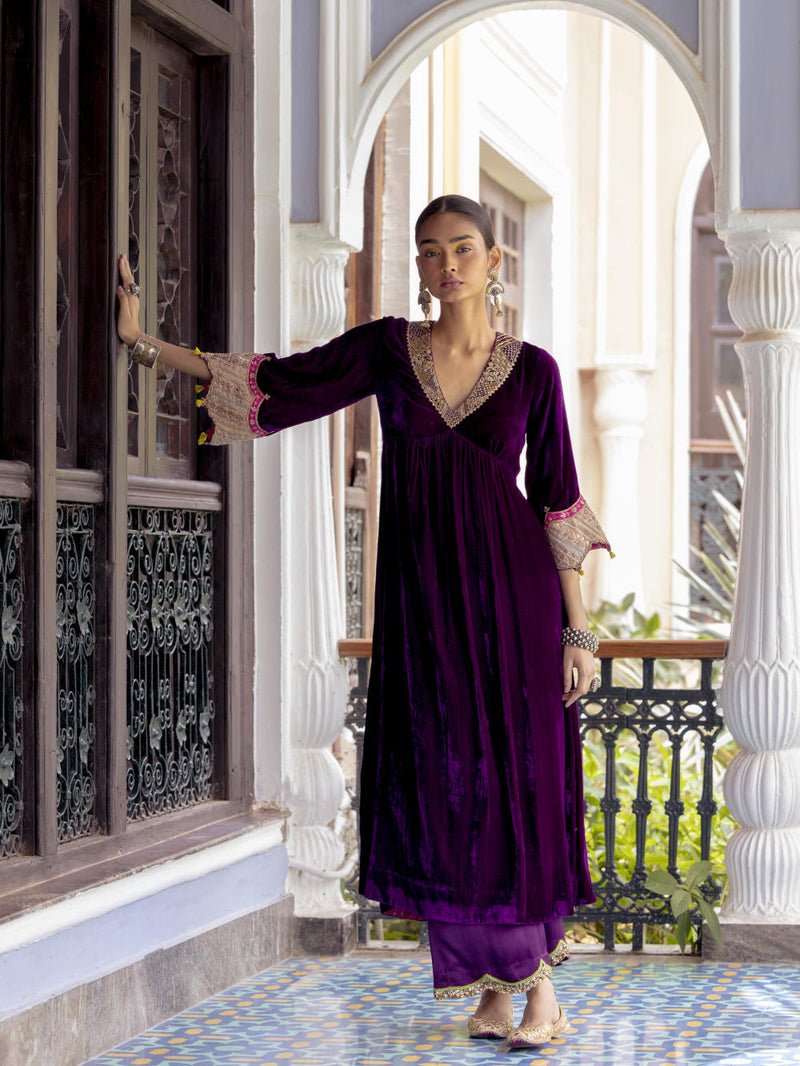 Fariba Purple Bell Sleeve Velvet Kurta Set Kurta Sets by Rajiramniq for women Worldwide