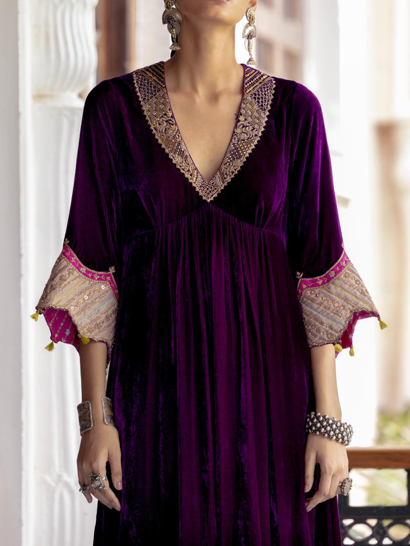 Fariba Purple Bell Sleeve Velvet Kurta Set Kurta Sets by Rajiramniq for women Worldwide