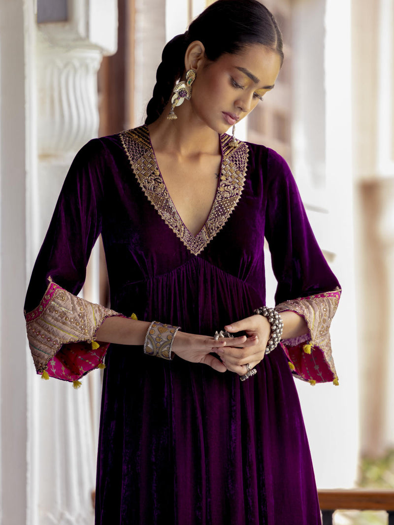 Fariba Purple Bell Sleeve Velvet Kurta Set Kurta Sets by Rajiramniq for women Worldwide