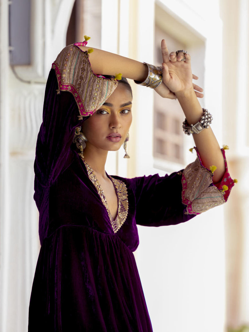 Fariba Purple Bell Sleeve Velvet Kurta Set Kurta Sets by Rajiramniq for women Worldwide