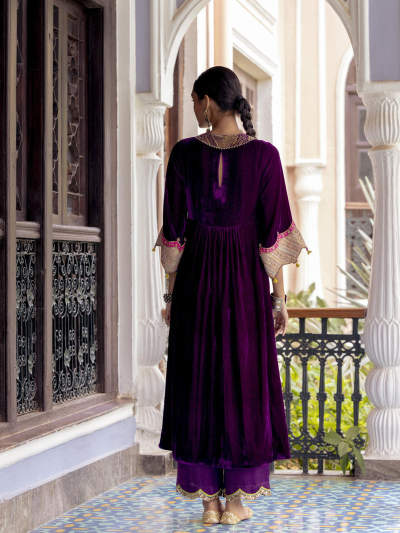 Fariba Purple Bell Sleeve Velvet Kurta Set Kurta Sets by Rajiramniq for women Worldwide