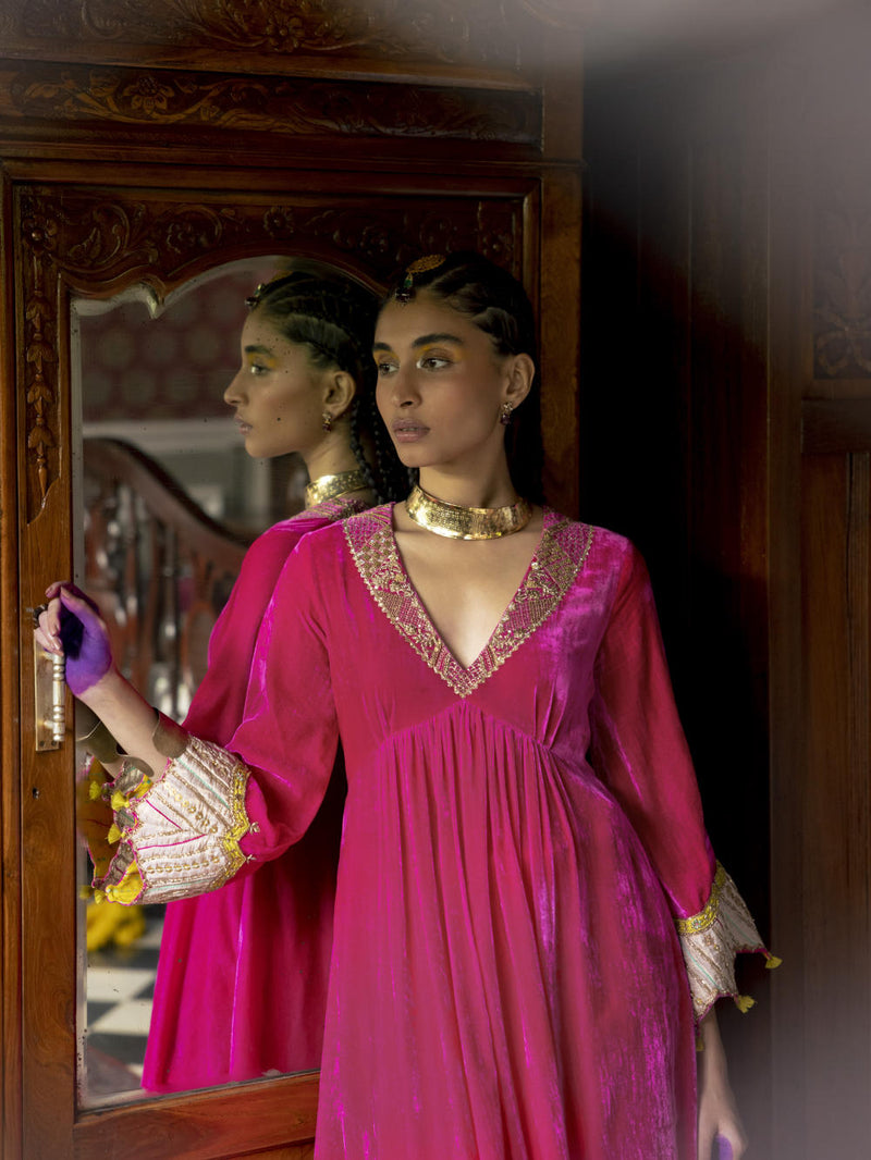Fariba Hot Pink Bell Sleeve Velvet Kurta Set Kurta Sets by Rajiramniq for women Worldwide