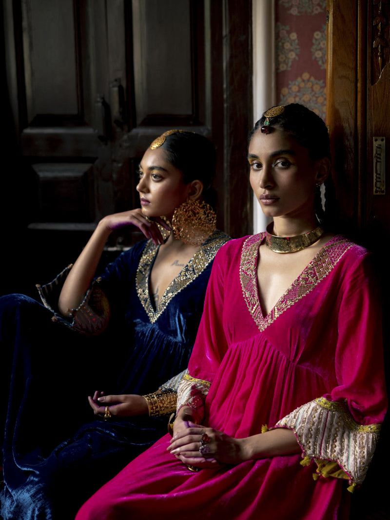 Fariba Hot Pink Bell Sleeve Velvet Kurta Set Kurta Sets by Rajiramniq for women Worldwide