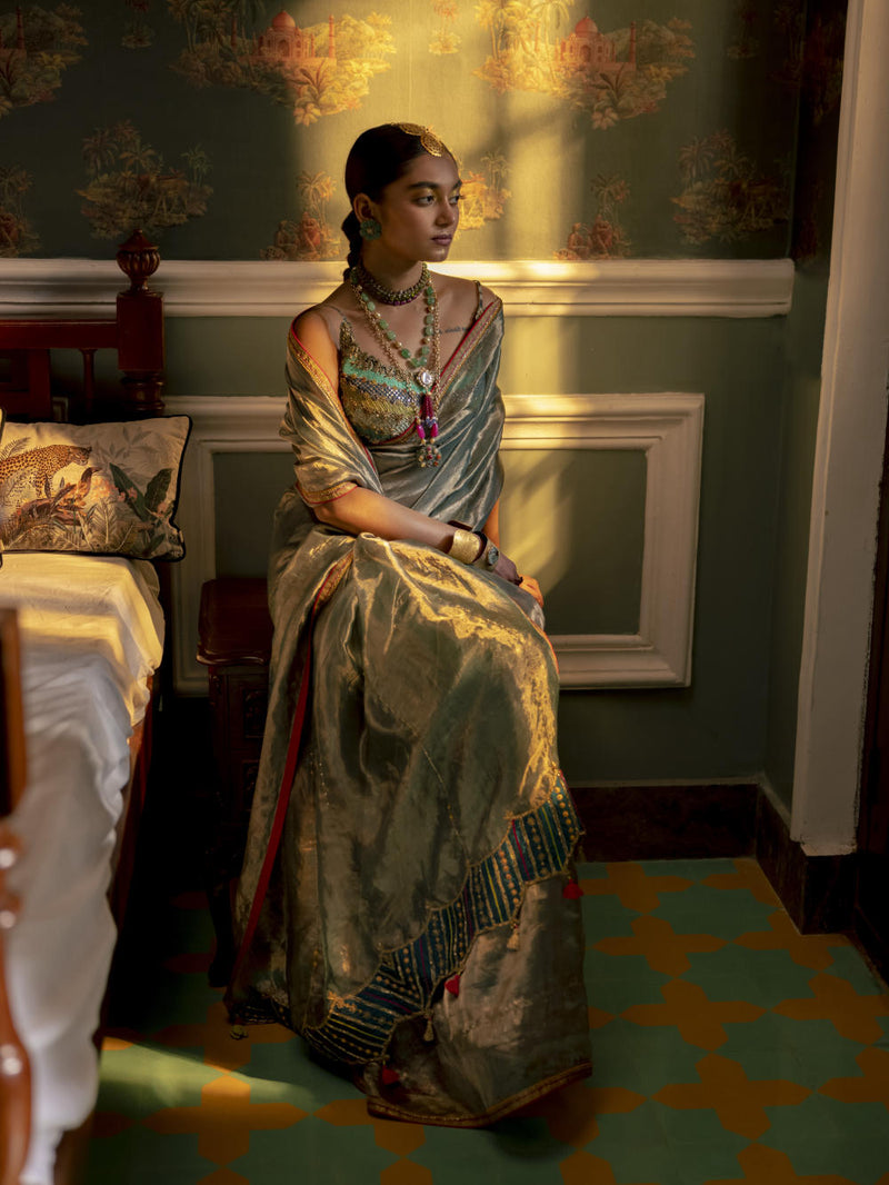 Fariba Teal Tissue Sari Set Sarees by Rajiramniq for women Worldwide