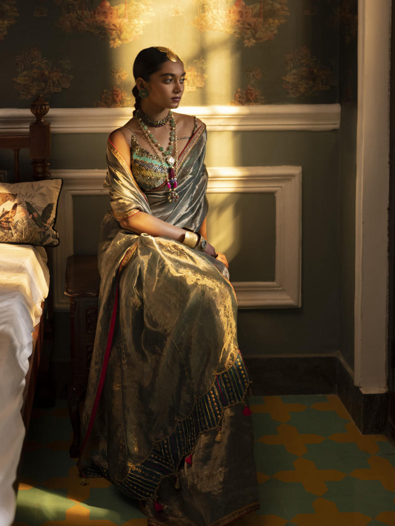 Fariba Teal Tissue Sari Set Sarees by Rajiramniq for women Worldwide