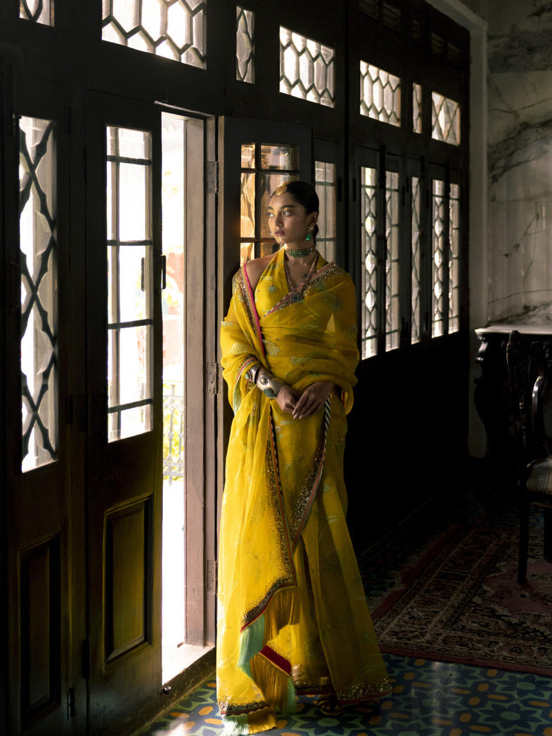 Fariba Lime Yellow Sequin Printed Organza Sari Set Sarees by Rajiramniq for women Worldwide