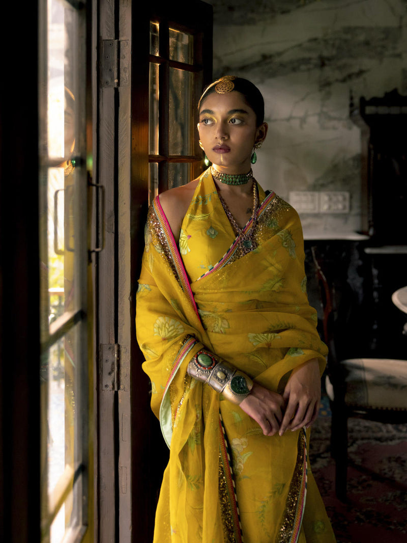 Fariba Lime Yellow Sequin Printed Organza Sari Set Sarees by Rajiramniq for women Worldwide