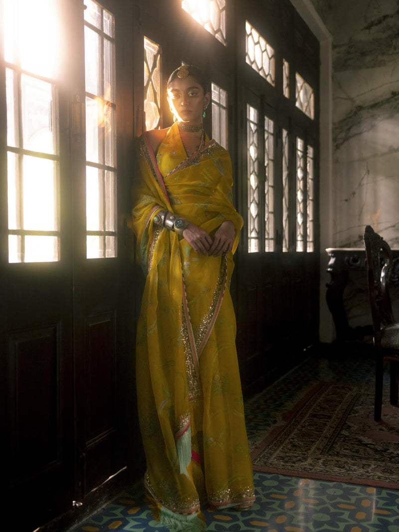 Fariba Lime Yellow Sequin Printed Organza Sari Set Sarees by Rajiramniq for women Worldwide