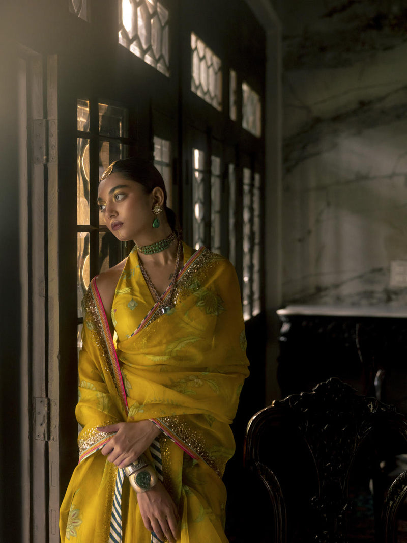Fariba Lime Yellow Sequin Printed Organza Sari Set Sarees by Rajiramniq for women Worldwide
