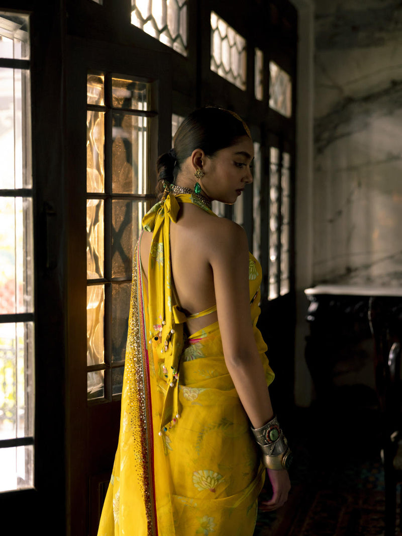 Fariba Lime Yellow Sequin Printed Organza Sari Set Sarees by Rajiramniq for women Worldwide