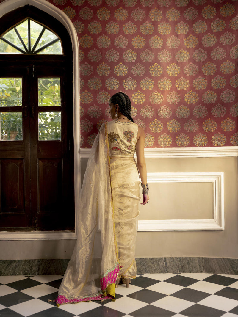 Fariba Ivory Golden Tissue Sari Set Sarees by Rajiramniq for women Worldwide