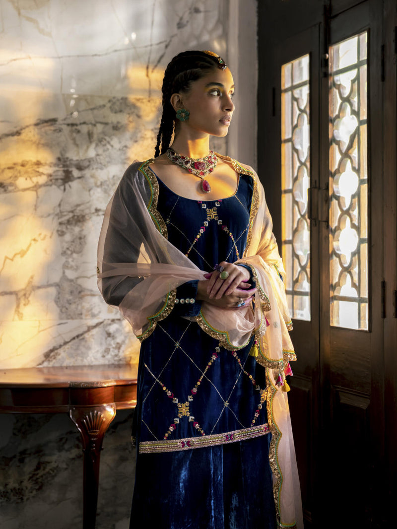 Fariba Blue Silk Velvet Sharara Set Kurta Sets by Rajiramniq for women Worldwide