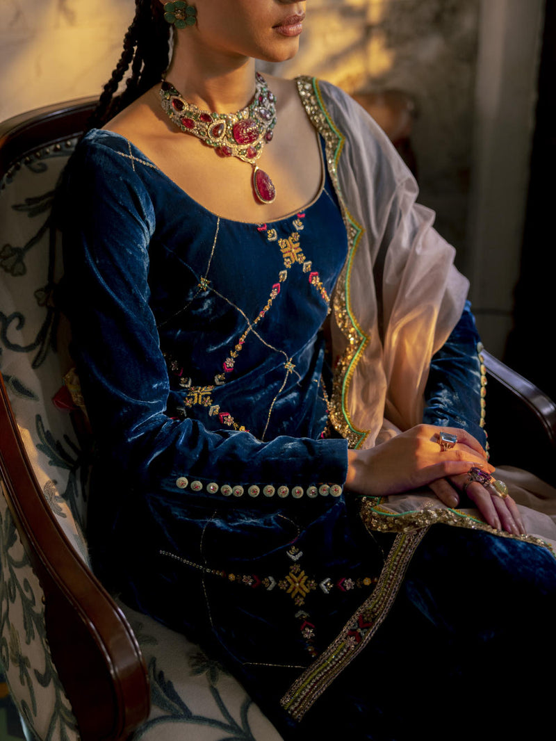 Fariba Blue Silk Velvet Sharara Set Kurta Sets by Rajiramniq for women Worldwide