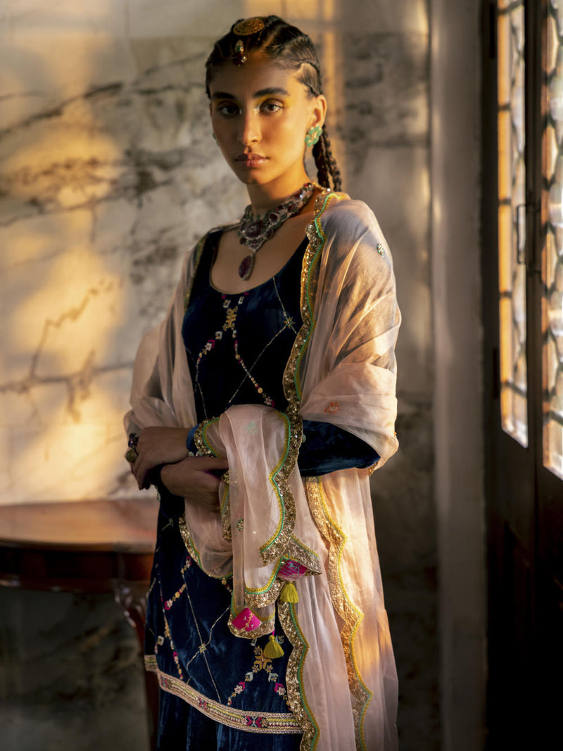 Fariba Blue Silk Velvet Sharara Set Kurta Sets by Rajiramniq for women Worldwide
